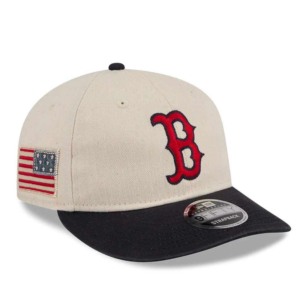 Boston Red Sox MLB Americana Herringbone White Retro Crown New Era 9FIFTY Adjustable Cap, front view showing red B logo in raised embroidery on white crown, black visor with 9FIFTY size sticker, and American flag patch on the left side.