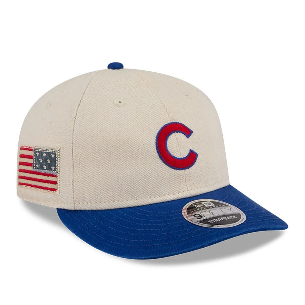 Chicago Cubs MLB Americana Herringbone White Retro Crown New Era 9FIFTY Adjustable Cap, front view showing the red and blue embroidered C logo on the white crown with a contrasting blue visor and a 9FIFTY size sticker.