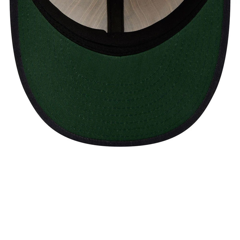 Detroit Tigers MLB Americana Herringbone White Retro Crown New Era 9FIFTY Adjustable Cap, inside view showing the green undervisor, black sweatband and internal black taping, highlighting the cap's structured design.