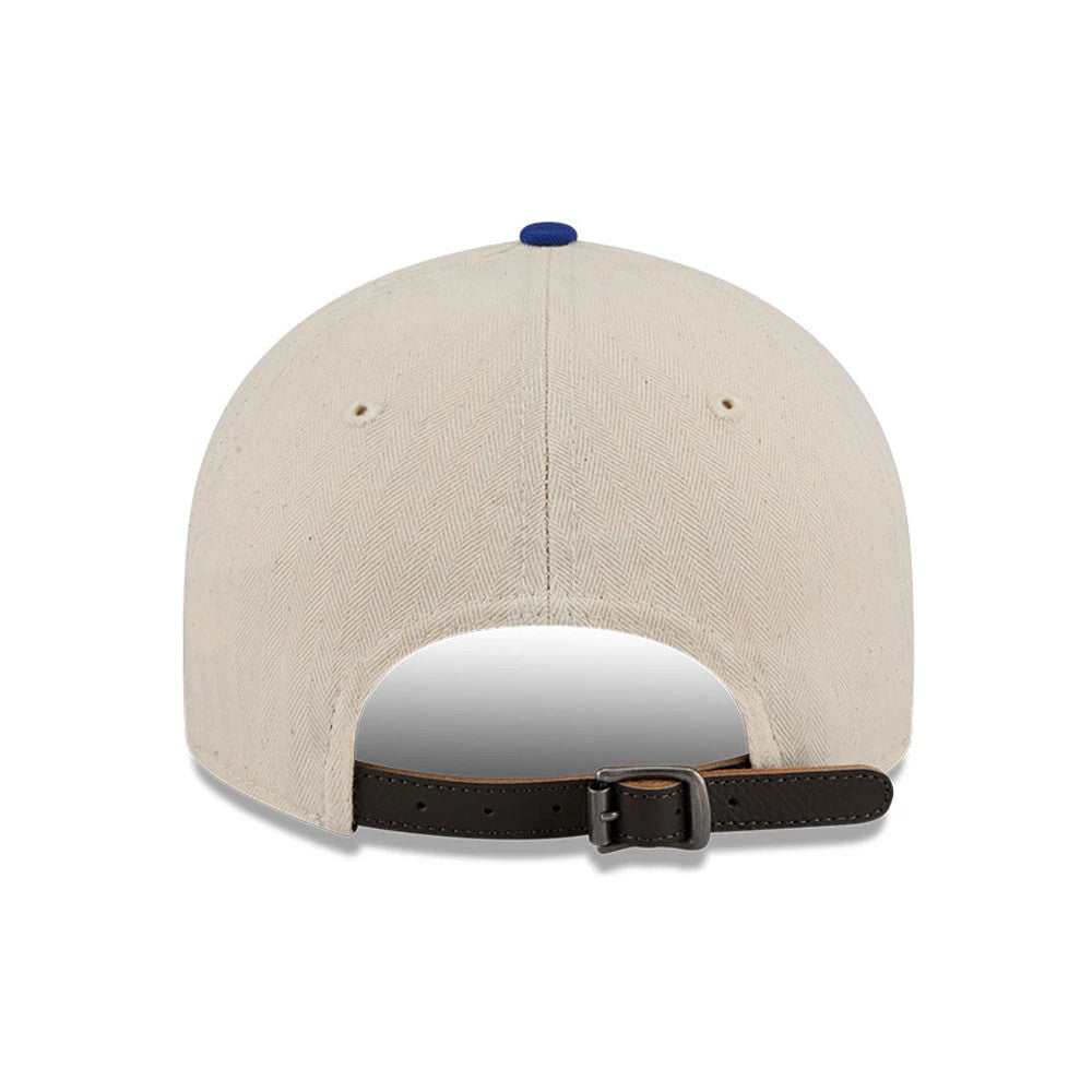 LA Dodgers MLB Americana Herringbone Dark White Retro Crown New Era 9FIFTY Adjustable Cap, rear view showing the blue top button, cream-coloured herringbone fabric, and a dark adjustable strap with a buckle.