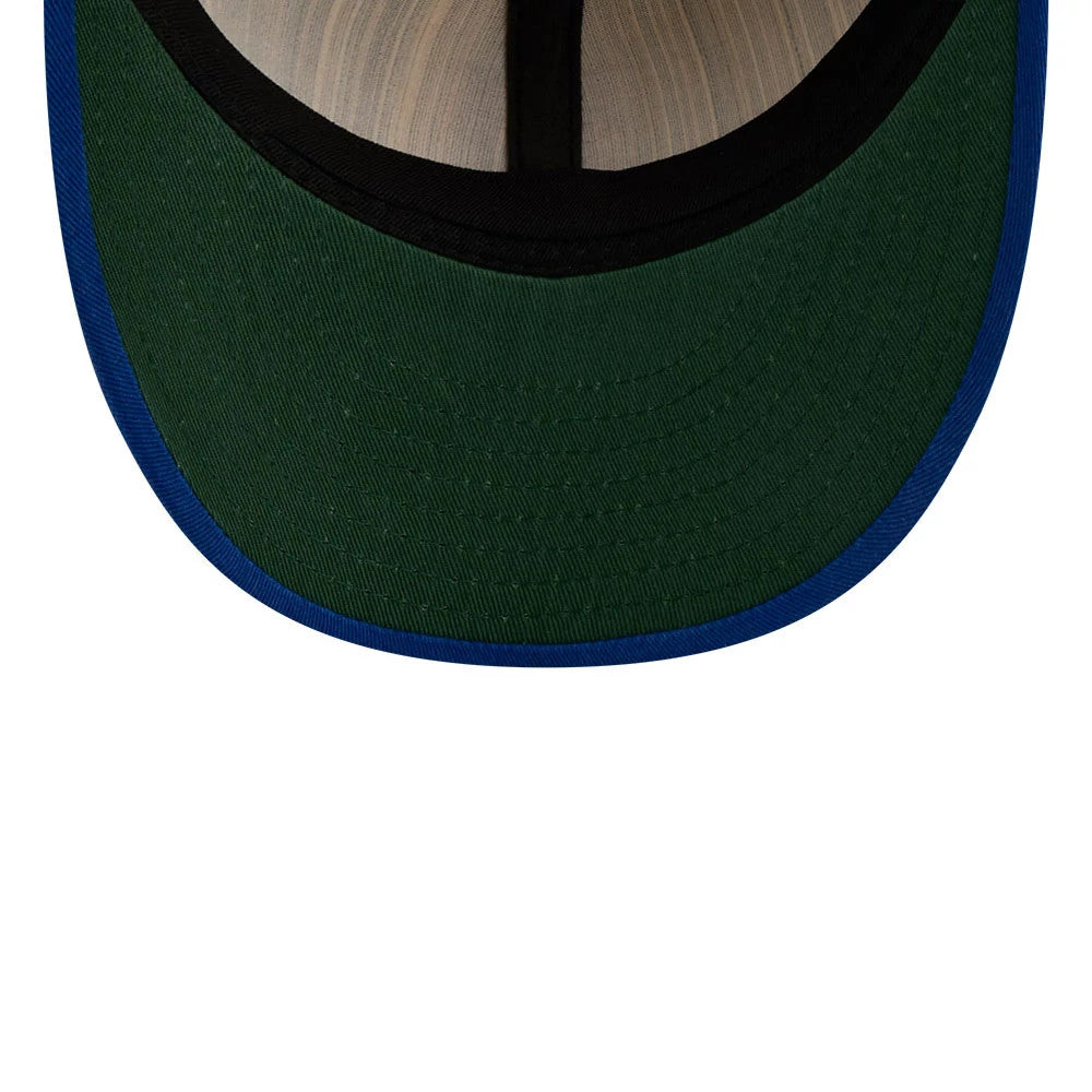 New York Mets MLB Americana Herringbone White Retro Crown New Era 9FIFTY Adjustable Cap, inside view showing the green undervisor, black sweatband, and New Era branded taping along the interior seams.