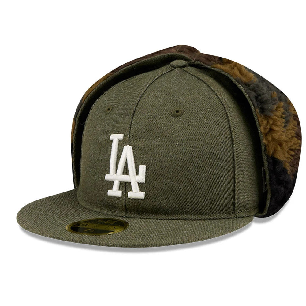 This is a LA Dodgers MLB Camo Open Green Retro Crown Dogear 59FIFTY Fitted Cap 1