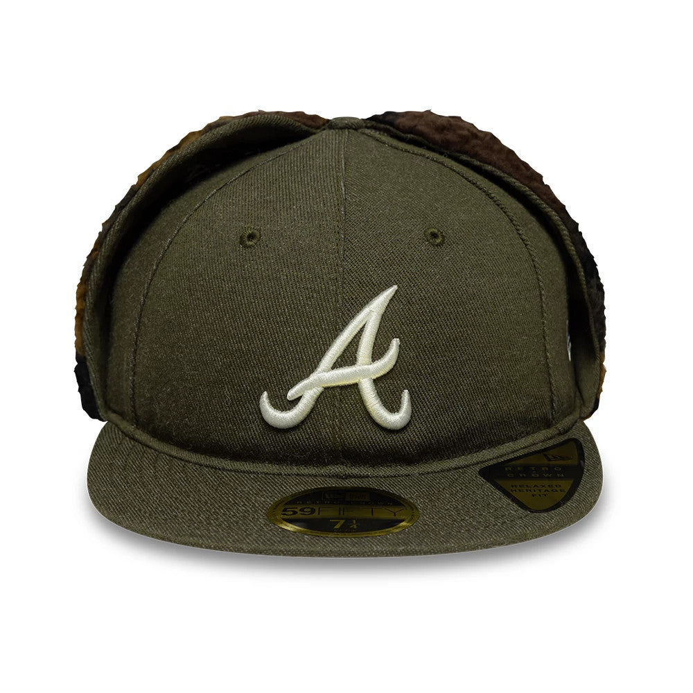Atlanta Braves MLB Camo Open Green Retro Crown Dogear New Era 59FIFTY Fitted Cap, front view showing raised white embroidered A logo on green crown, flat green visor, ear flaps, and gold 59FIFTY size sticker on the visor.
