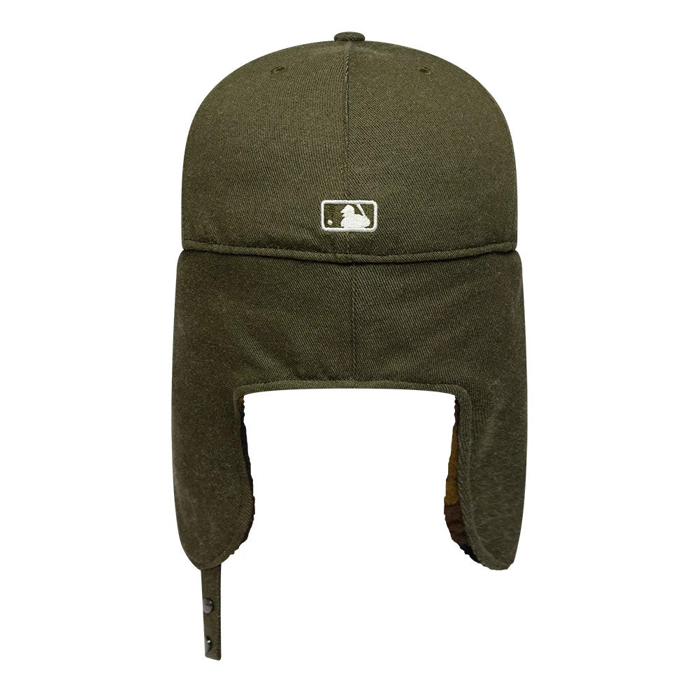 New York Yankees MLB Camo Open Green Retro Crown Dogear New Era 59FIFTY Fitted Cap, rear view showing the white embroidered MLB Batterman logo at the centre, with ear flaps hanging down from the green crown.
