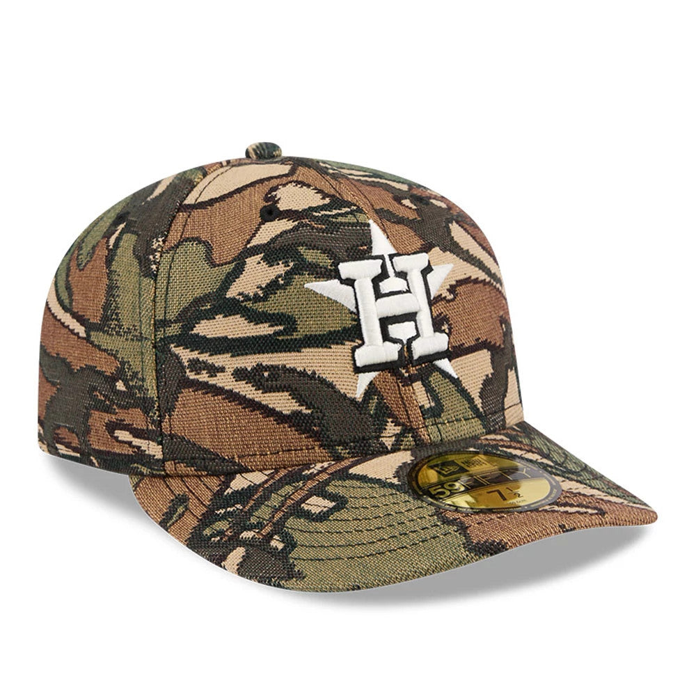 Houston Astros MLB Jacquard Camo New Era 59FIFTY Fitted Cap, front view showing the white embroidered H logo with a star on the camo front panels, and a gold 59FIFTY size sticker on the flat camo visor.