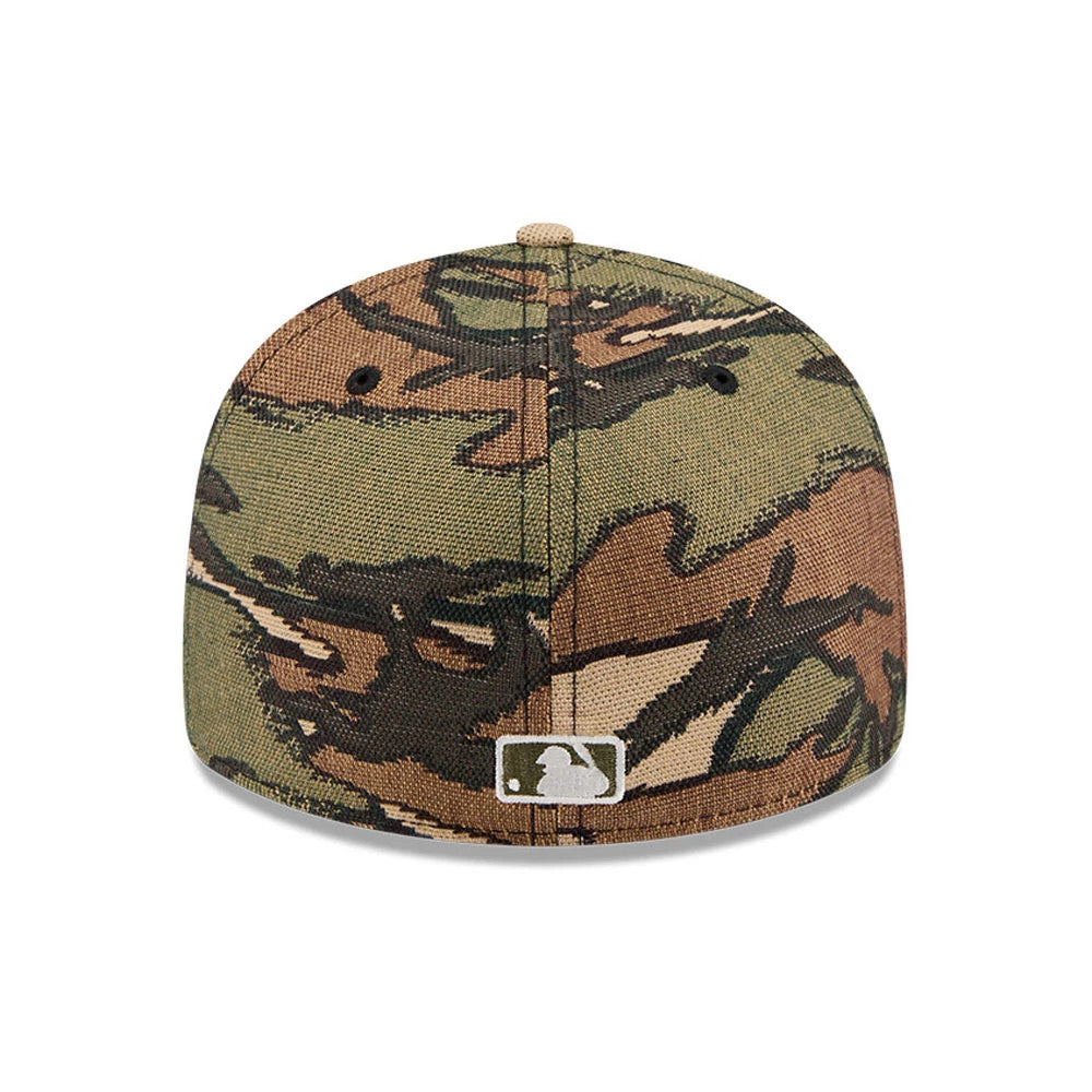 Houston Astros MLB Jacquard Camo New Era 59FIFTY Fitted Cap, rear view showing the white embroidered MLB Batterman logo at the centre back of the camo-patterned panels, with a top button and small eyelets on the crown.