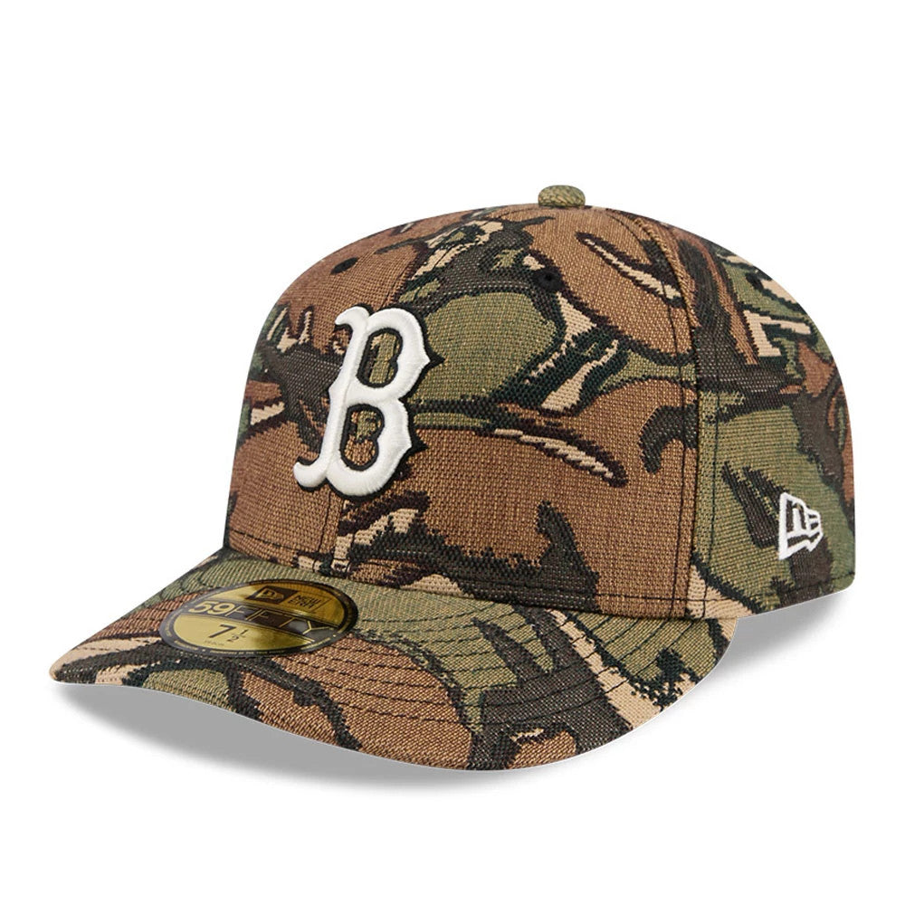 Boston Red Sox MLB Jacquard Camo New Era 59FIFTY Fitted Cap, three-quarter view showing the raised white embroidered B logo on the front panel, camo pattern across the structured crown and visor, with gold 59FIFTY size sticker on the visor.