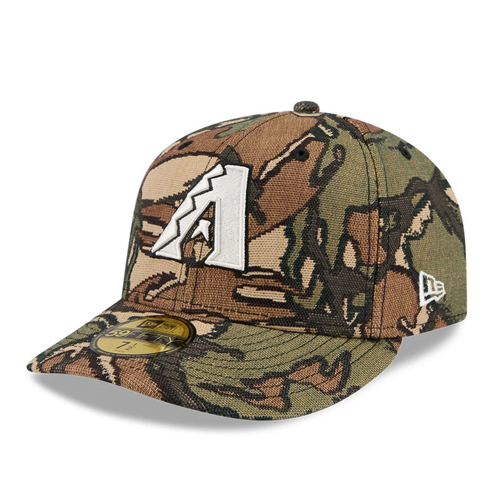 Arizona Diamondbacks MLB Jacquard Camo New Era 59FIFTY Fitted Cap, front view showing raised white team logo embroidery on the front panel, camo print on the structured crown, a flat visor and a gold 59FIFTY size sticker.