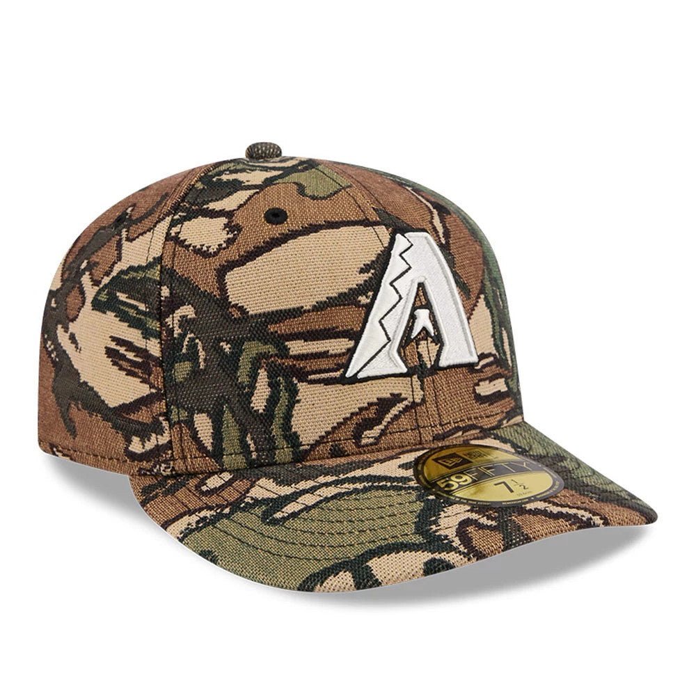 Arizona Diamondbacks MLB Jacquard Camo New Era 59FIFTY Fitted Cap, front view showing the white embroidered A logo on the front panel, contrasting with the green and brown camo pattern, and a gold 59FIFTY size sticker on the flat visor.