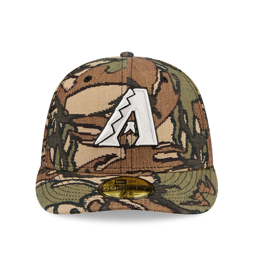 Arizona Diamondbacks MLB Jacquard Camo New Era 59FIFTY Fitted Cap, front view showing a white raised embroidered A logo on the camo front panel, with a flat camo visor and a gold 59FIFTY size sticker centred underneath.