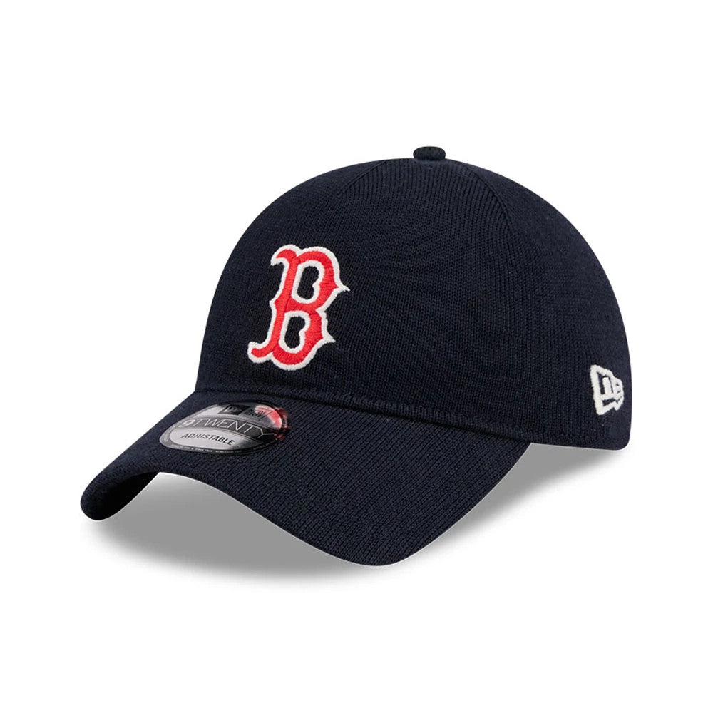 Boston Red Sox MLB Merino Wool Navy New Era 9TWENTY Adjustable Cap, three-quarter view showing the red and white embroidered B logo on the front panel, curved visor, and New Era flag logo on the left side.