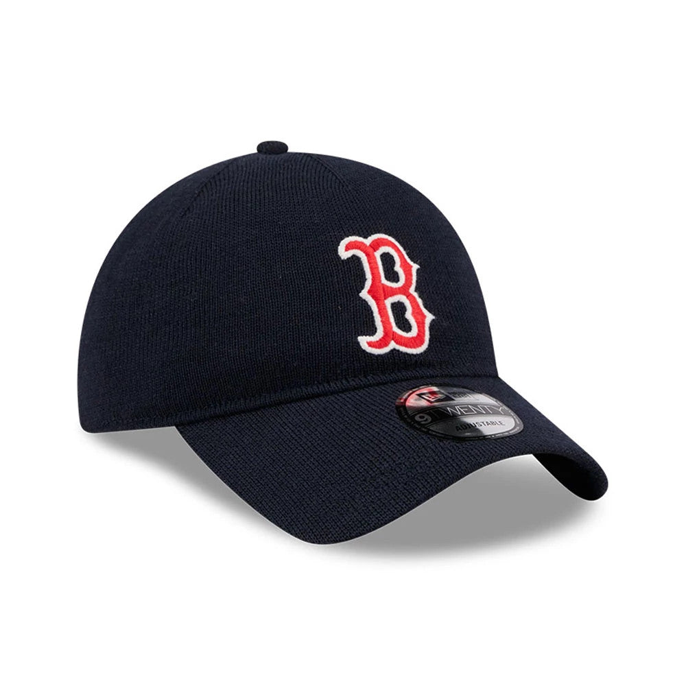 Boston Red Sox MLB Merino Wool Navy New Era 9TWENTY Adjustable Cap, three-quarter view showing a raised red embroidered B logo on the front panel, navy curved visor with a 9TWENTY size sticker, and a textured wool crown.
