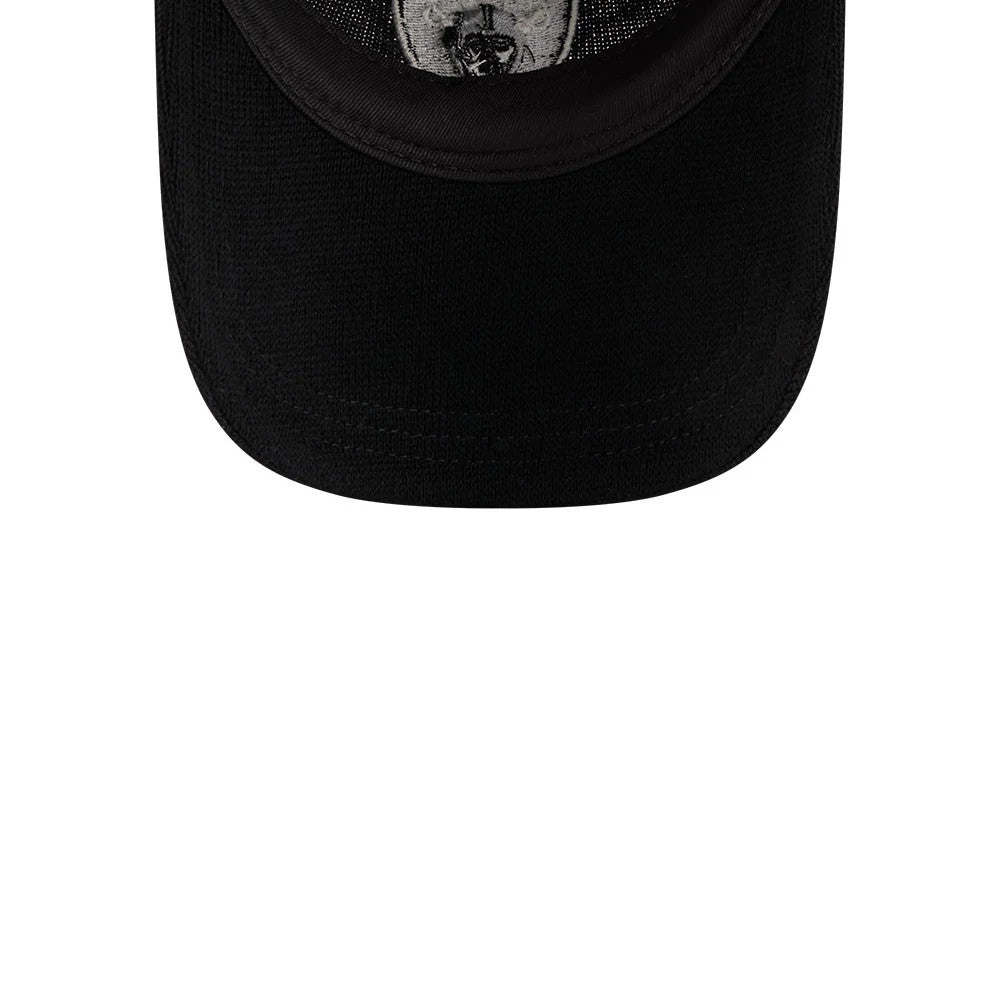 Las Vegas Raiders NFL Merino Wool Black New Era 9TWENTY Adjustable Cap, inside view showing the black sweatband and grey undervisor with the Raiders logo printed on the inner panel.