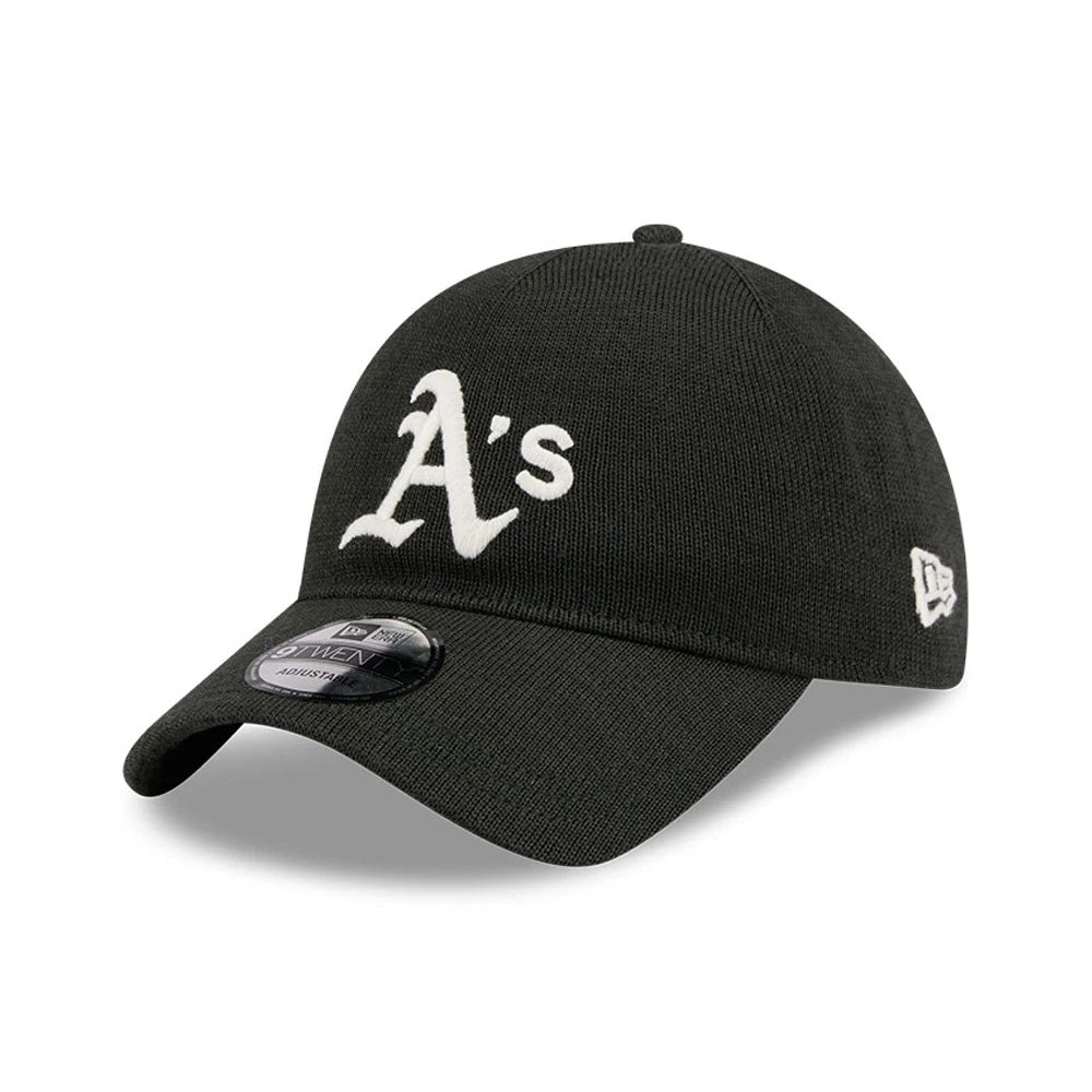 Athletics MLB Merino Wool Dark Green New Era 9TWENTY Adjustable Cap, front view showing the raised white embroidered A's logo on the structured crown, dark green curved visor, and 9TWENTY size sticker.