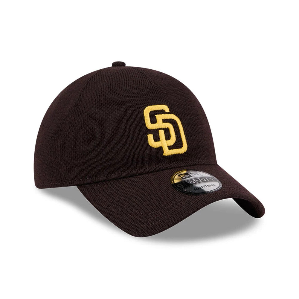 San Diego Padres MLB Merino Wool Dark Brown New Era 9TWENTY Adjustable Cap, three-quarter view showing the yellow embroidered SD logo on the front panel, with a curved visor and a black 9TWENTY size sticker.