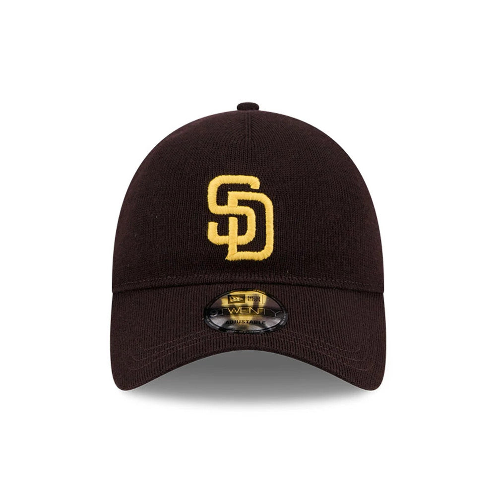 San Diego Padres MLB Merino Wool Dark Brown New Era 9TWENTY Adjustable Cap, front view showing the gold embroidered SD logo on the front panel, with a curved dark brown visor and a 9TWENTY size sticker.