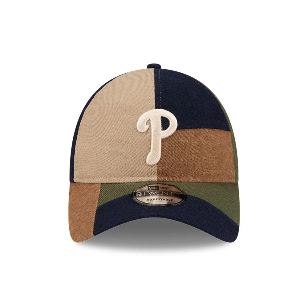 Philadelphia Phillies MLB Patchwork Open Brown New Era 9TWENTY Adjustable Cap, front view with a raised white embroidered P logo on multi-tone patchwork front panels and a matching 9TWENTY size sticker on the curved visor.