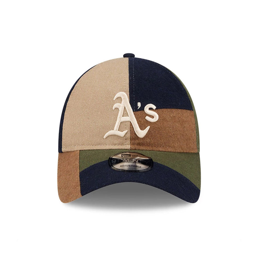 Athletics MLB Patchwork Open Brown New Era 9TWENTY Adjustable Cap, front view showing the raised white embroidered A’s logo on the multicoloured patchwork crown, with a curved visor and a 9TWENTY size sticker centred above the visor.