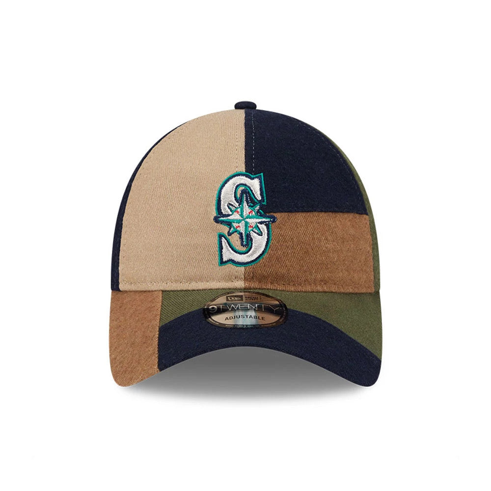 Seattle Mariners MLB Patchwork Open Brown New Era 9TWENTY Adjustable Cap, front view showing a raised embroidered team logo in teal and white on the multi-coloured patchwork front panels with a 9TWENTY size sticker on the dark visor.