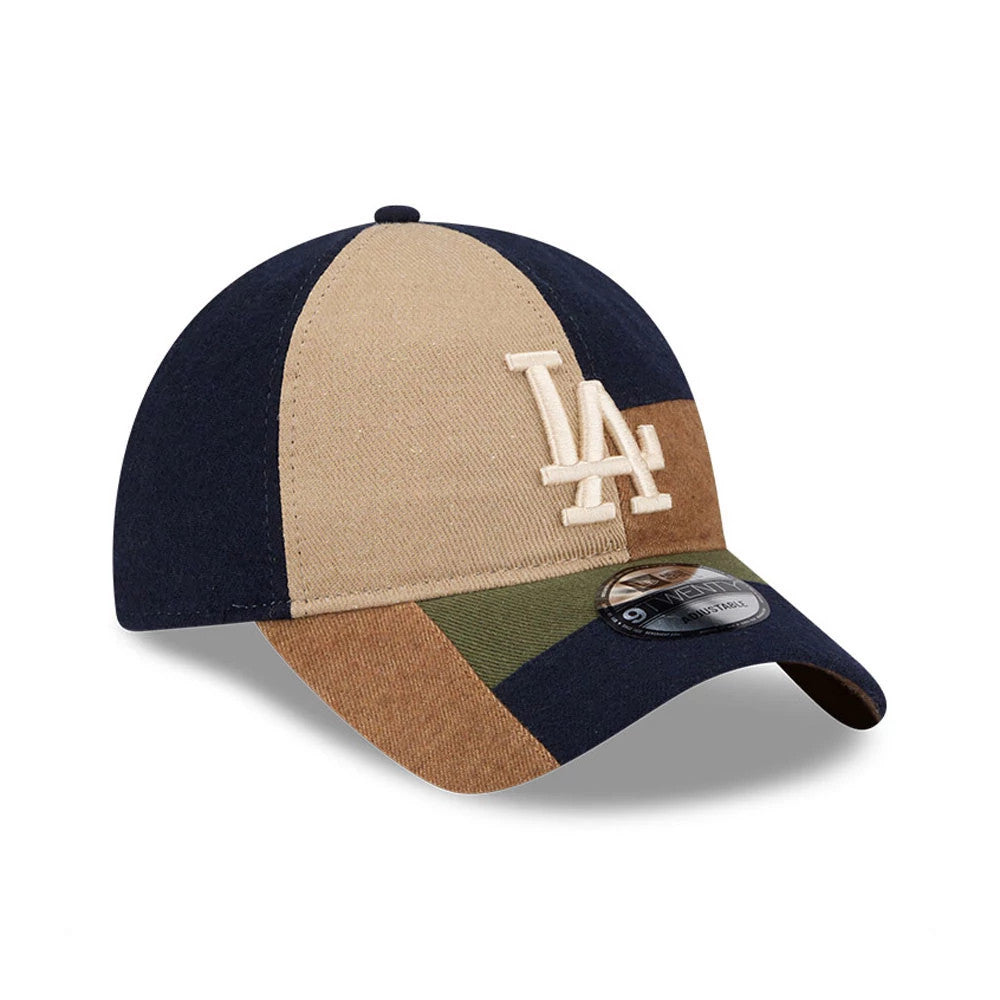 LA Dodgers MLB Patchwork Open Brown New Era 9TWENTY Adjustable Cap, three-quarter view showing the white embroidered LA logo on the front panel, with a multi-coloured patchwork design and a 9TWENTY size sticker on the curved visor.