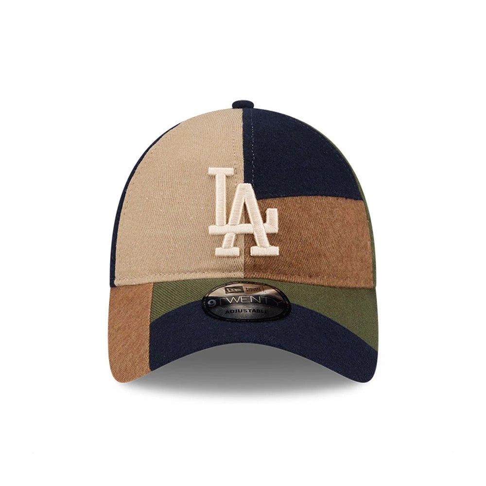 LA Dodgers MLB Patchwork Open Brown New Era 9TWENTY Adjustable Cap, front view showing the white LA logo in raised embroidery on the multi-toned patchwork panels with the 9TWENTY size sticker on the curved visor.