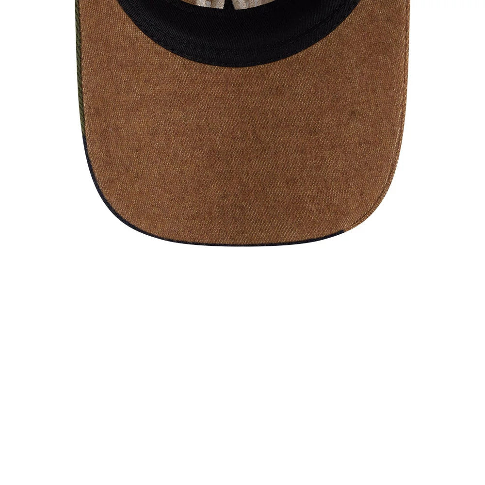 LA Dodgers MLB Patchwork Open Brown New Era 9TWENTY Adjustable Cap, inside view showing the brown undervisor, black sweatband, and printed taping, with a clear view of the open design.