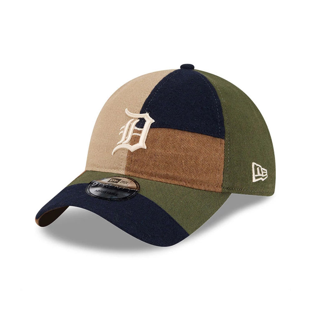 Detroit Tigers MLB Patchwork Open Brown New Era 9TWENTY Adjustable Cap, three-quarter view with a white embroidered D logo on the front panel, patchwork design of brown, beige, navy and green panels, and a 9TWENTY size sticker on the visor.