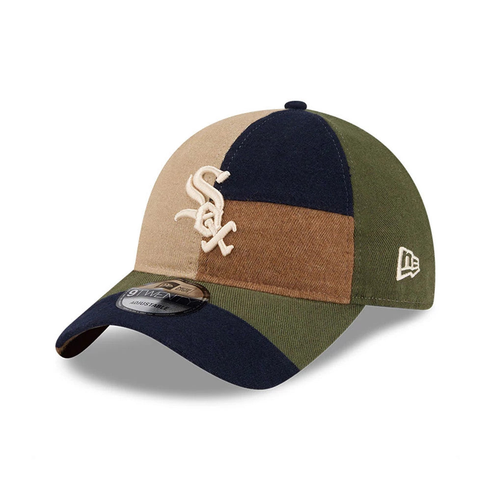 Chicago White Sox MLB Patchwork Open Brown New Era 9TWENTY Adjustable Cap, three-quarter view showing the cream raised embroidered Sox logo on the front panels, with a black visor and 9TWENTY size sticker, plus the New Era flag logo on the left side.