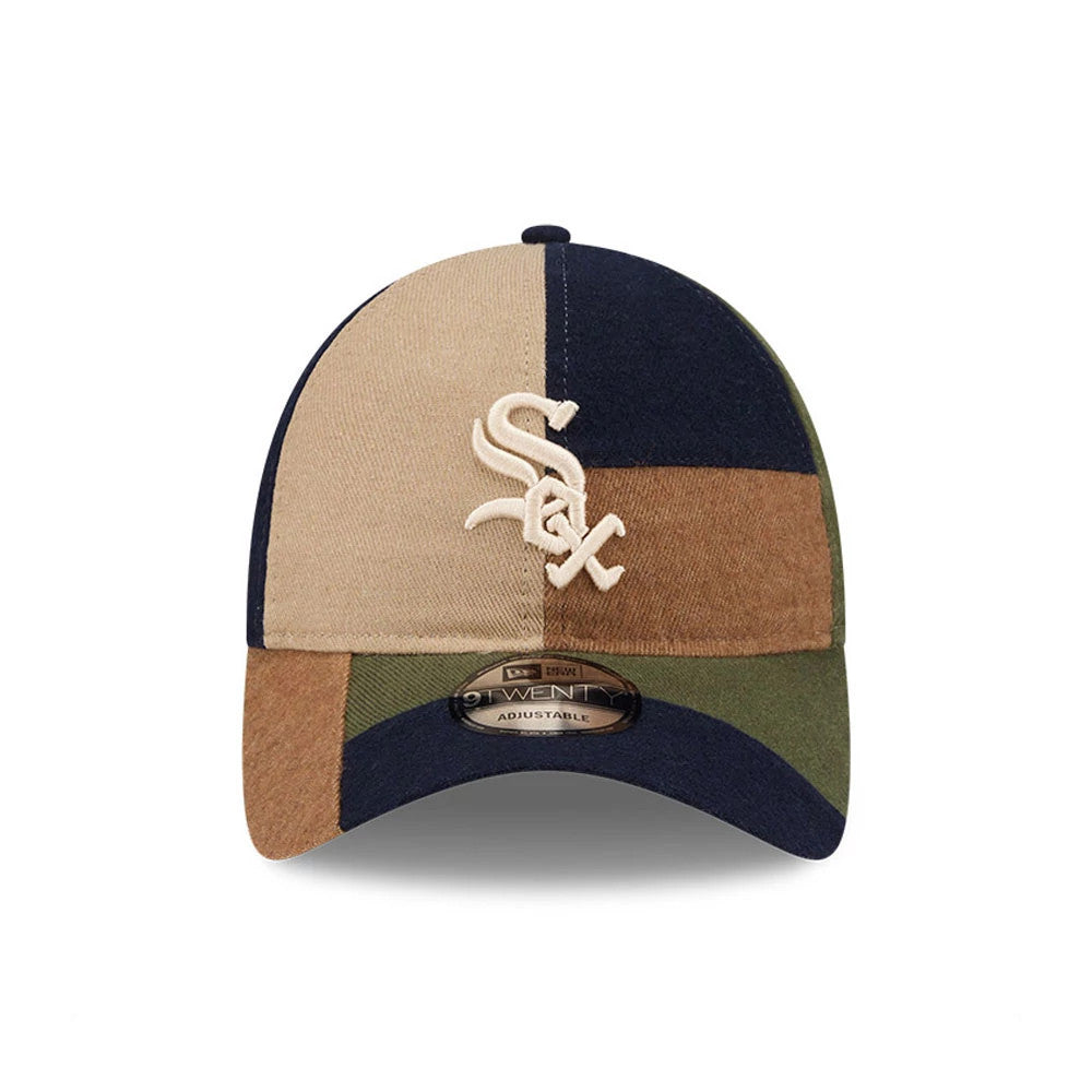 Chicago White Sox MLB Patchwork Open Brown New Era 9TWENTY Adjustable Cap, front view showing the raised white Sox logo embroidered on a patchwork pattern crown with tan, brown, green, and navy panels and a 9TWENTY size sticker on the visor.