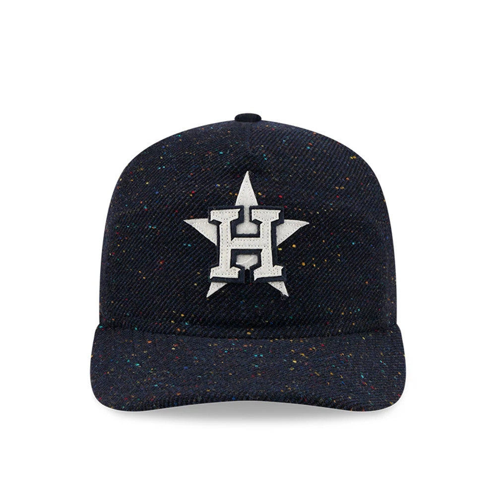 Houston Astros MLB Speckled Wool Navy New Era 19TWENTY Adjustable Cap, front view showing the white embroidered team logo on the structured speckled navy crown and matching visor, with a star design around the H.