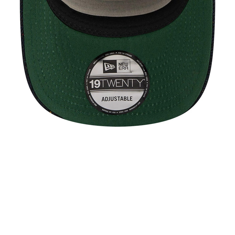 New York Yankees MLB Speckled Wool Navy New Era 19TWENTY Adjustable Cap, inside view showing a dark green undervisor and a large black and white 19TWENTY size sticker centred beneath the visor.