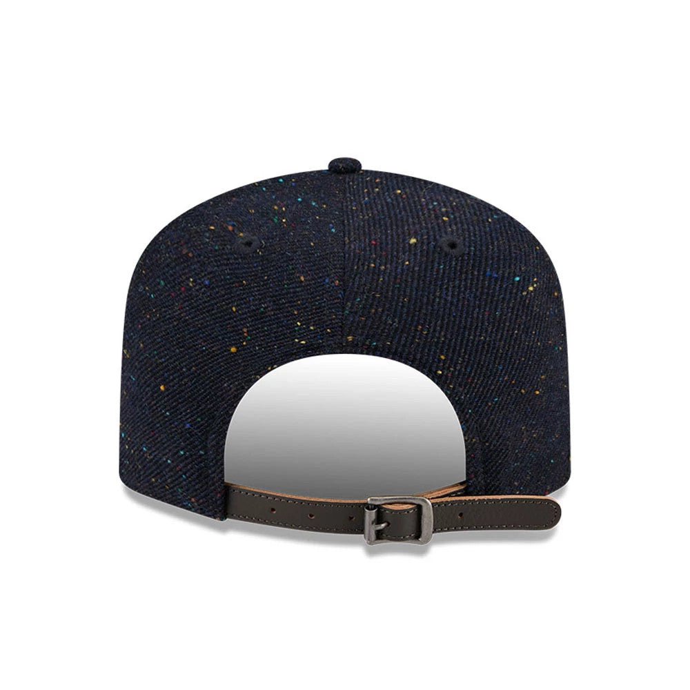 Detroit Tigers MLB Speckled Wool Navy New Era 19TWENTY Adjustable Cap, rear view showing a black leather strap with a buckle, speckled wool texture on the navy panels, and a top button centred above.