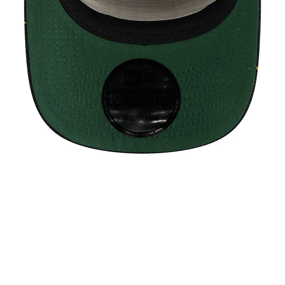 Detroit Tigers MLB Speckled Wool Navy New Era 19TWENTY Adjustable Cap, inside view showing a green undervisor with a black 19TWENTY size sticker, contrasting against the wool blend material of the cap.
