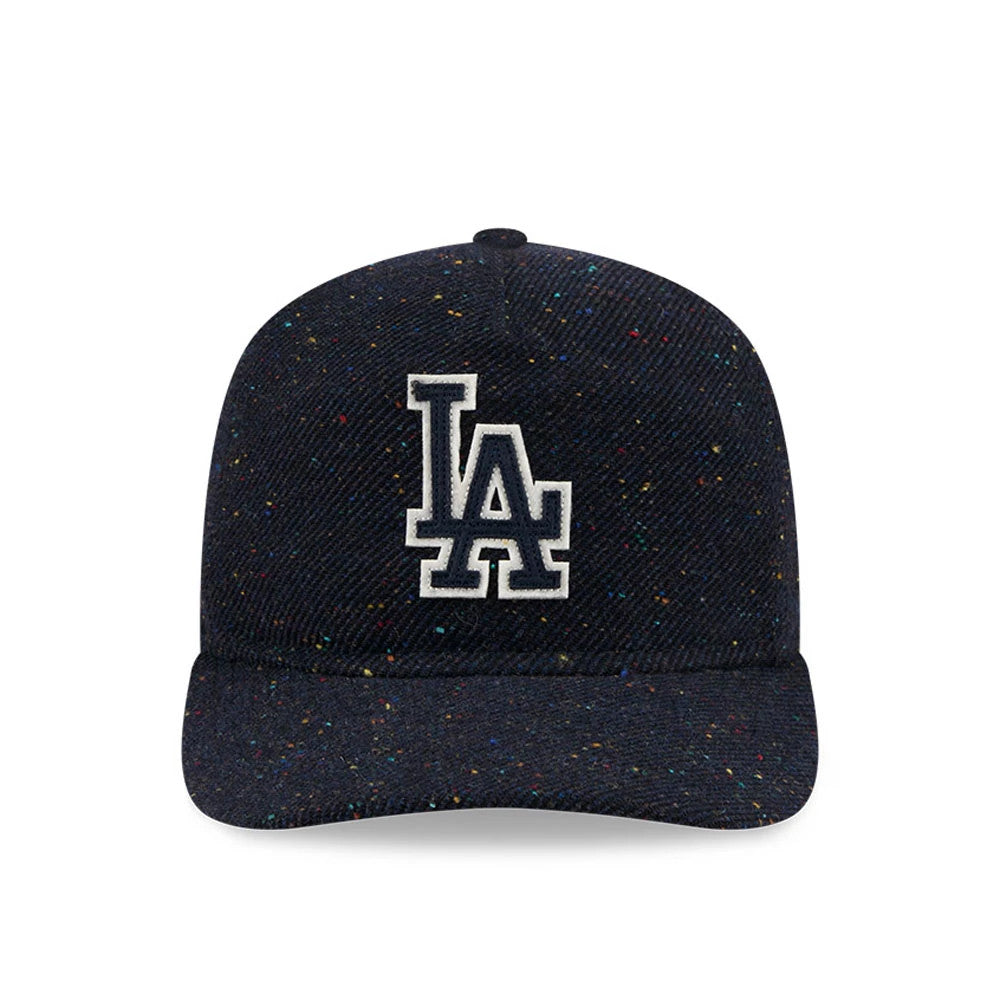 LA Dodgers MLB Speckled Wool Navy New Era 19TWENTY Adjustable Cap, front view showing the white raised embroidered LA logo on the textured navy speckled wool crown with a matching curved visor.