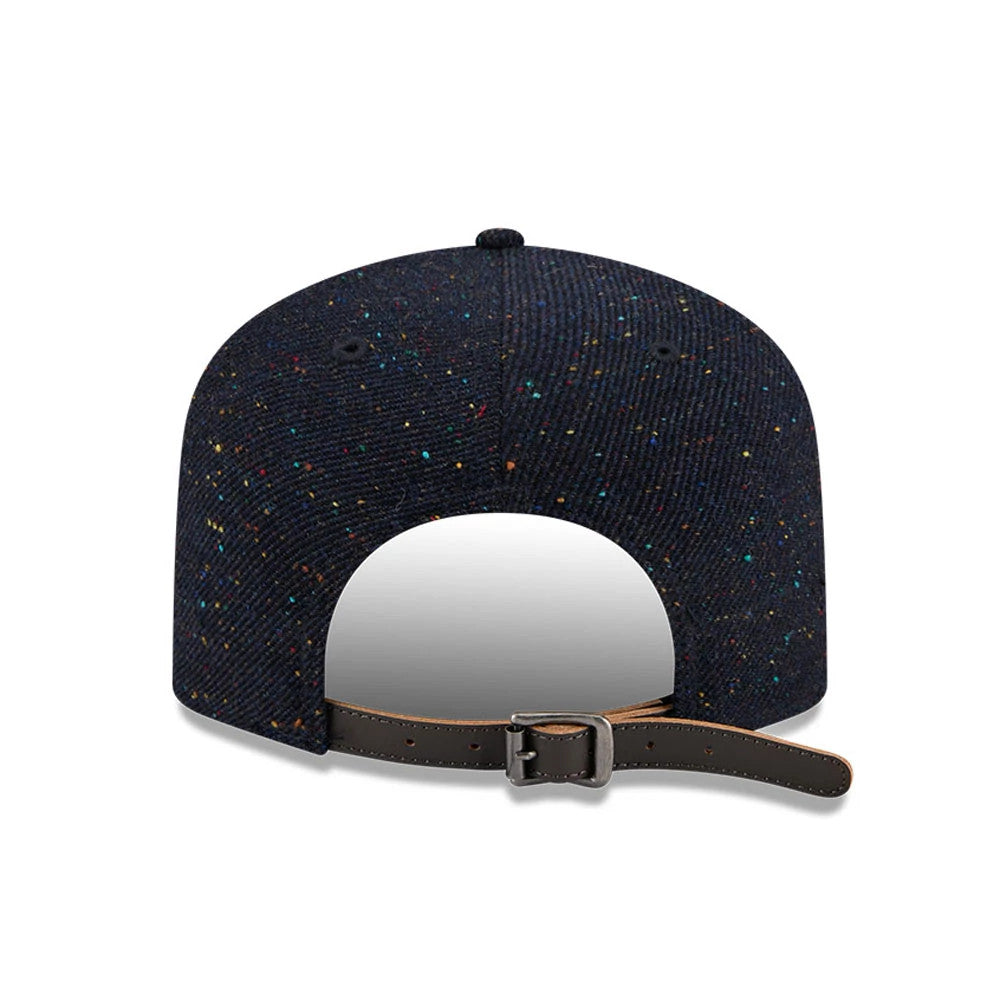 Chicago Cubs MLB Speckled Wool Navy New Era 19TWENTY Adjustable Cap, rear view showing multicoloured speckled wool fabric, brown adjustable strap with buckle, and a navy top button on the unstructured crown.