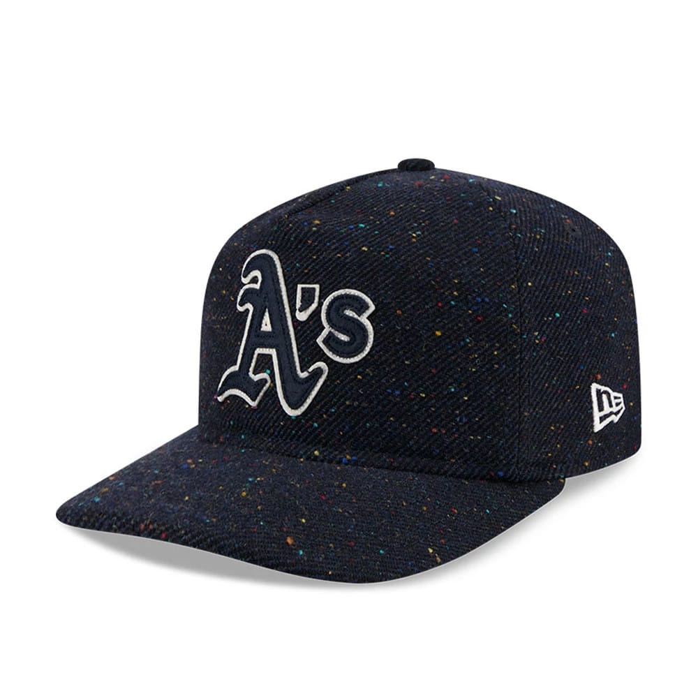 Athletics MLB Speckled Wool Navy New Era 19TWENTY Adjustable Cap, front view showing a white raised embroidered A’s logo on the front panel and a multicoloured speckled pattern on the navy wool fabric with a curved visor.