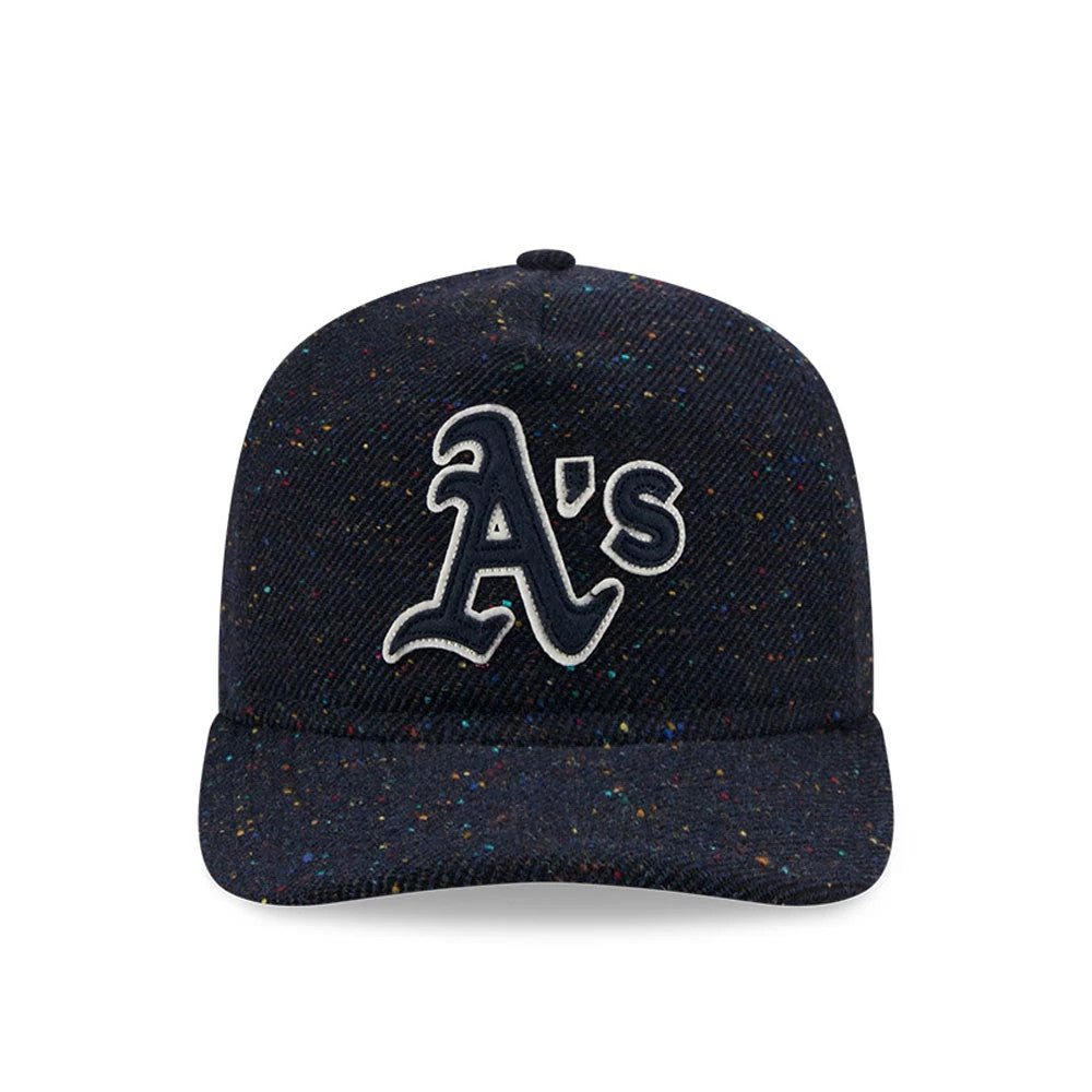 Athletics MLB Speckled Wool Navy New Era 19TWENTY Adjustable Cap, front view showing a white embroidered A's logo on the speckled navy wool crown, with a matching speckled visor and a top button.