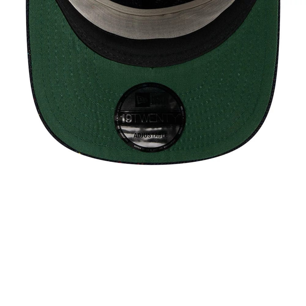 Athletics MLB Speckled Wool Navy New Era 19TWENTY Adjustable Cap, inside view showing the green undervisor with a black 19TWENTY size sticker, black sweatband, and white interior taping along the seams.