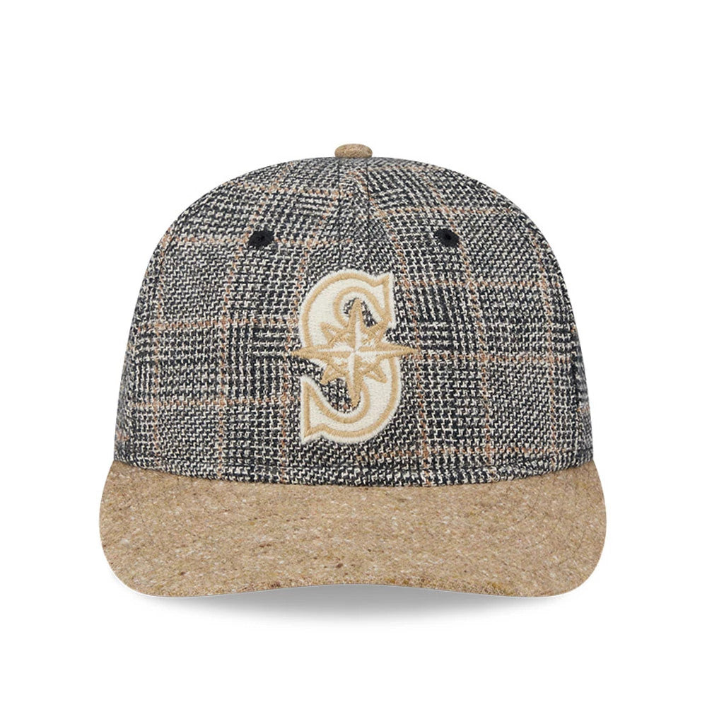 Seattle Mariners MLB Vintage Tweed Open Blue Retro Crown New Era 59FIFTY Fitted Cap, front view showing the cream embroidered retro logo on a textured tweed crown with a matching tweed brown visor and brown top button.