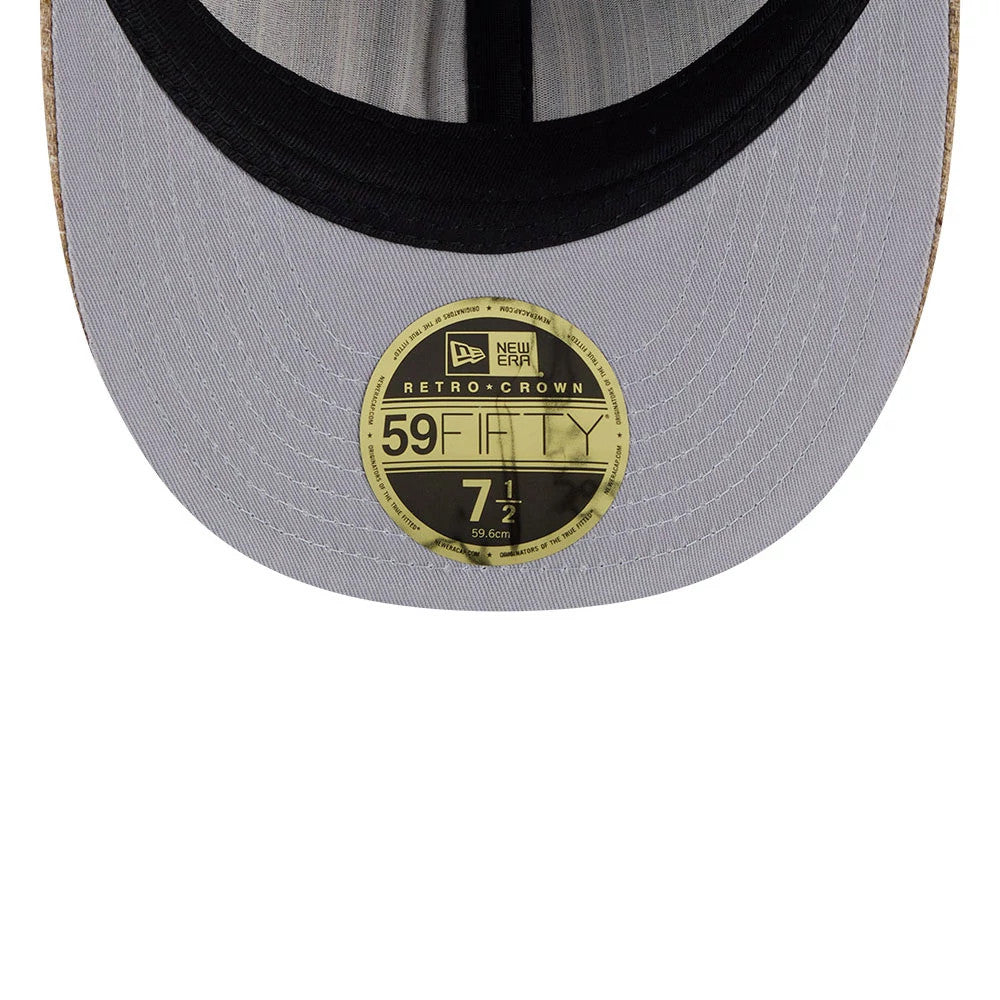 Seattle Mariners MLB Vintage Tweed Open Blue Retro Crown New Era 59FIFTY Fitted Cap, inside view showing a grey undervisor with a gold 59FIFTY size sticker and contrasting black interior taping.