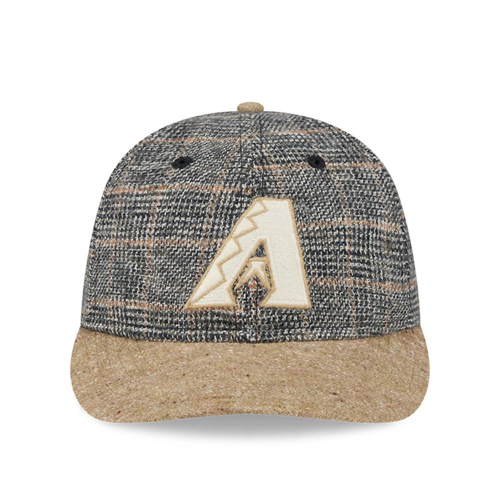Arizona Diamondbacks MLB Vintage Tweed Open Blue Retro Crown New Era 59FIFTY Fitted Cap, front view showing the beige embroidered A logo on the blue tweed crown with a contrasting beige visor and top button.