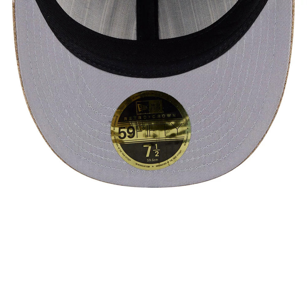Arizona Diamondbacks MLB Vintage Tweed Open Blue Retro Crown New Era 59FIFTY Fitted Cap, inside view showing grey undervisor, black sweatband, vertical striped taping and a gold 59FIFTY size sticker at the centre.