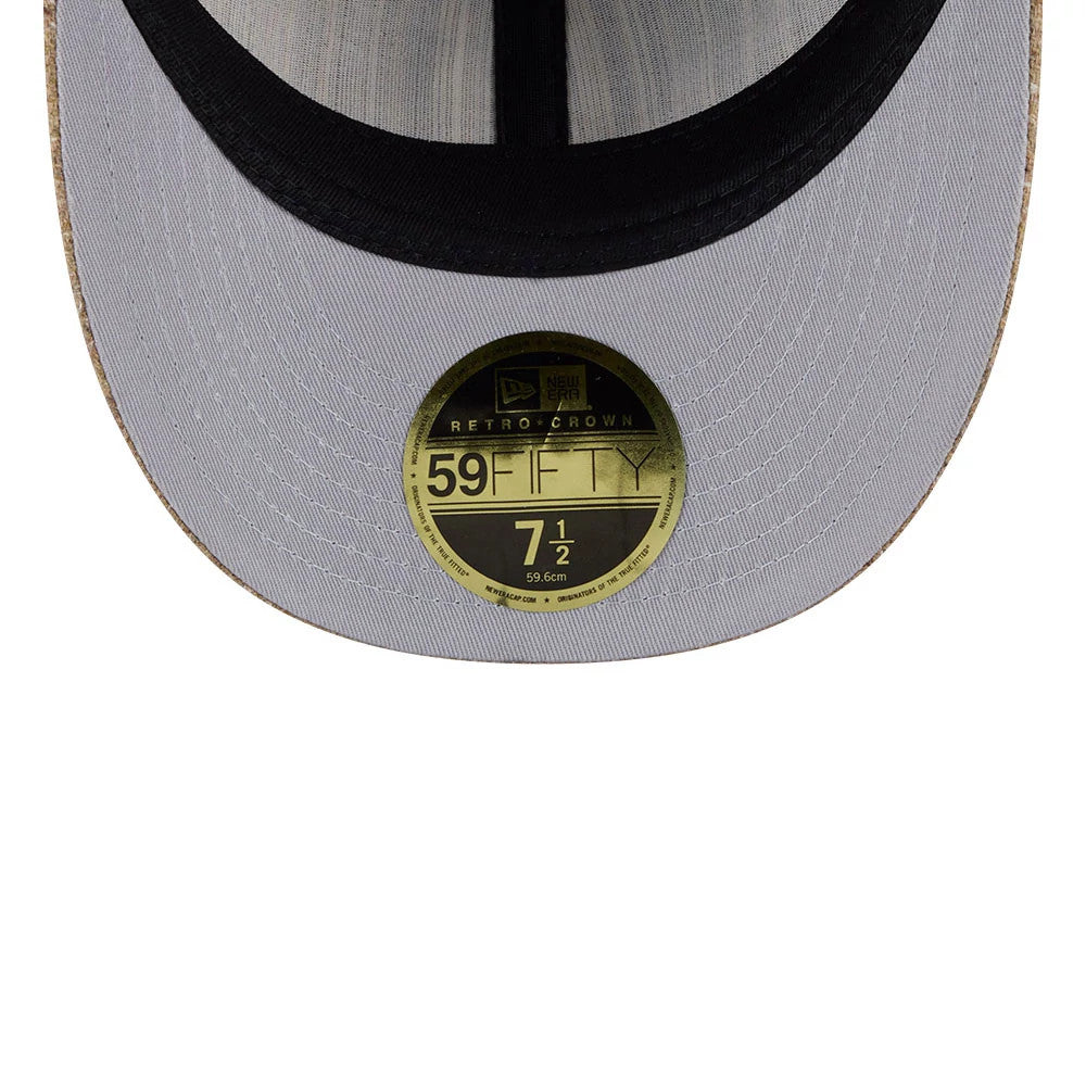 New York Mets MLB Vintage Tweed Open Blue Retro Crown New Era 59FIFTY Fitted Cap, inside view showing the grey undervisor with a gold 59FIFTY size sticker, black sweatband, and branded black taping.