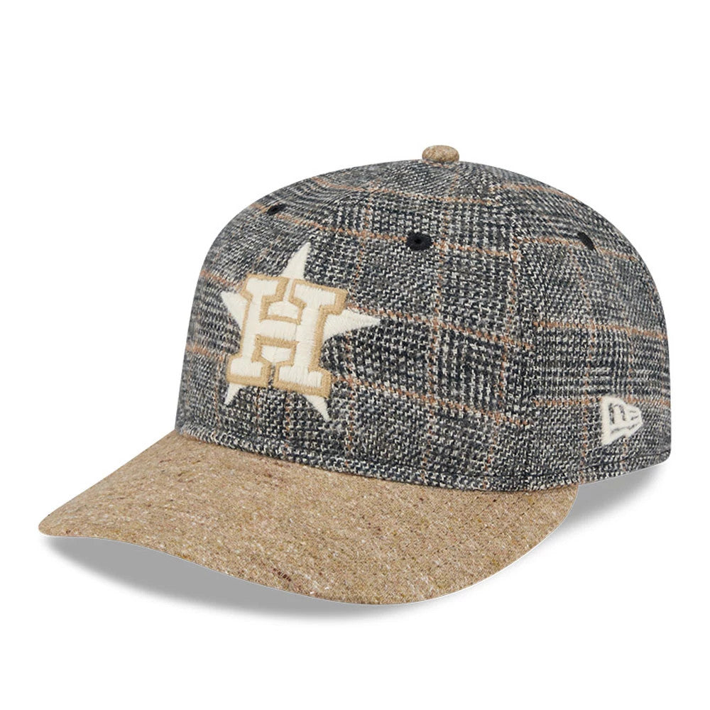 Houston Astros MLB Vintage Tweed Open Blue Retro Crown New Era 59FIFTY Fitted Cap, three-quarter view showing the beige and white embroidered H logo on the front panel, a curved tweed visor, and the New Era flag logo on the left side.
