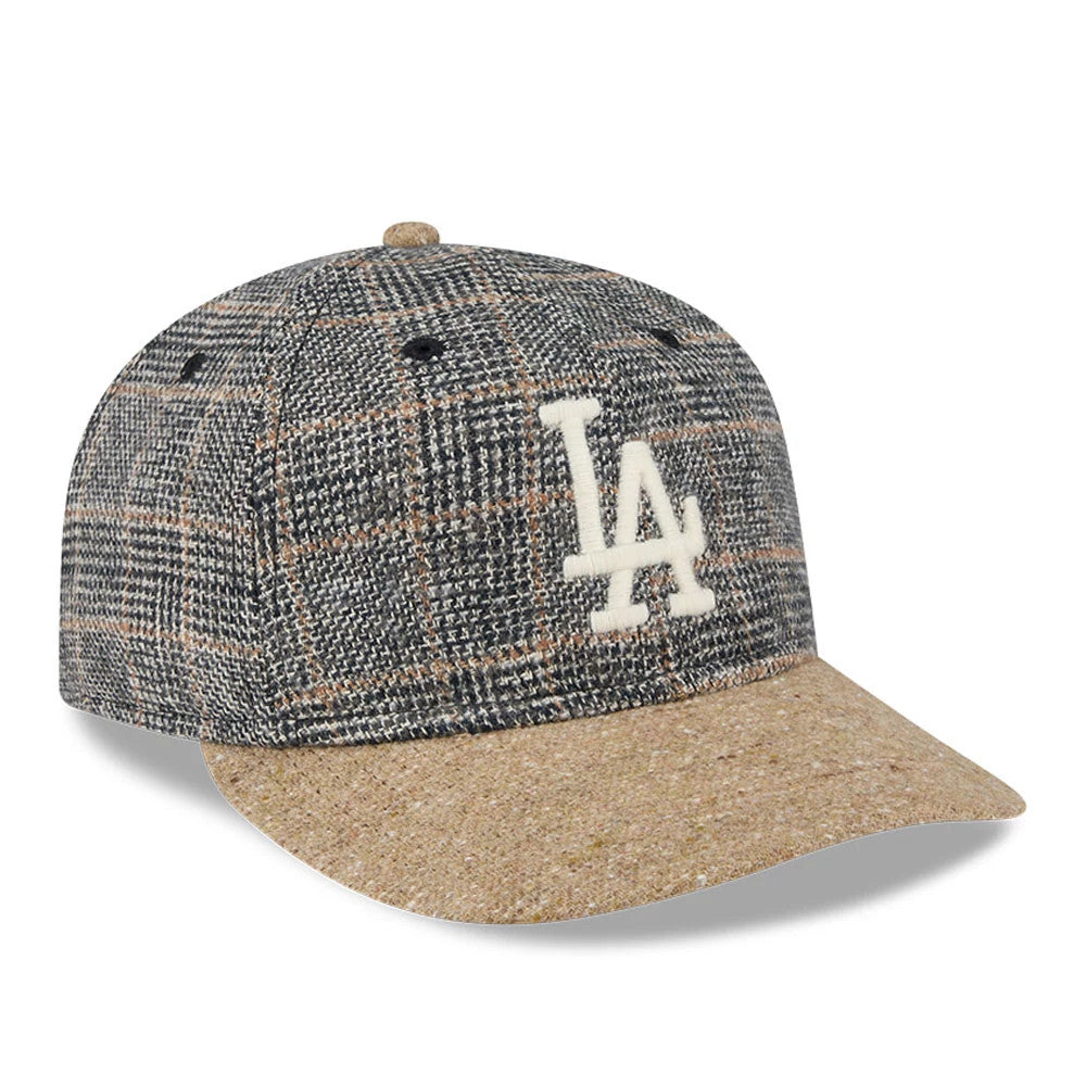LA Dodgers MLB Vintage Tweed Open Blue Retro Crown New Era 59FIFTY Fitted Cap, three-quarter view showing a white raised LA logo embroidered on the front panel with a brown tweed visor and matching top button.
