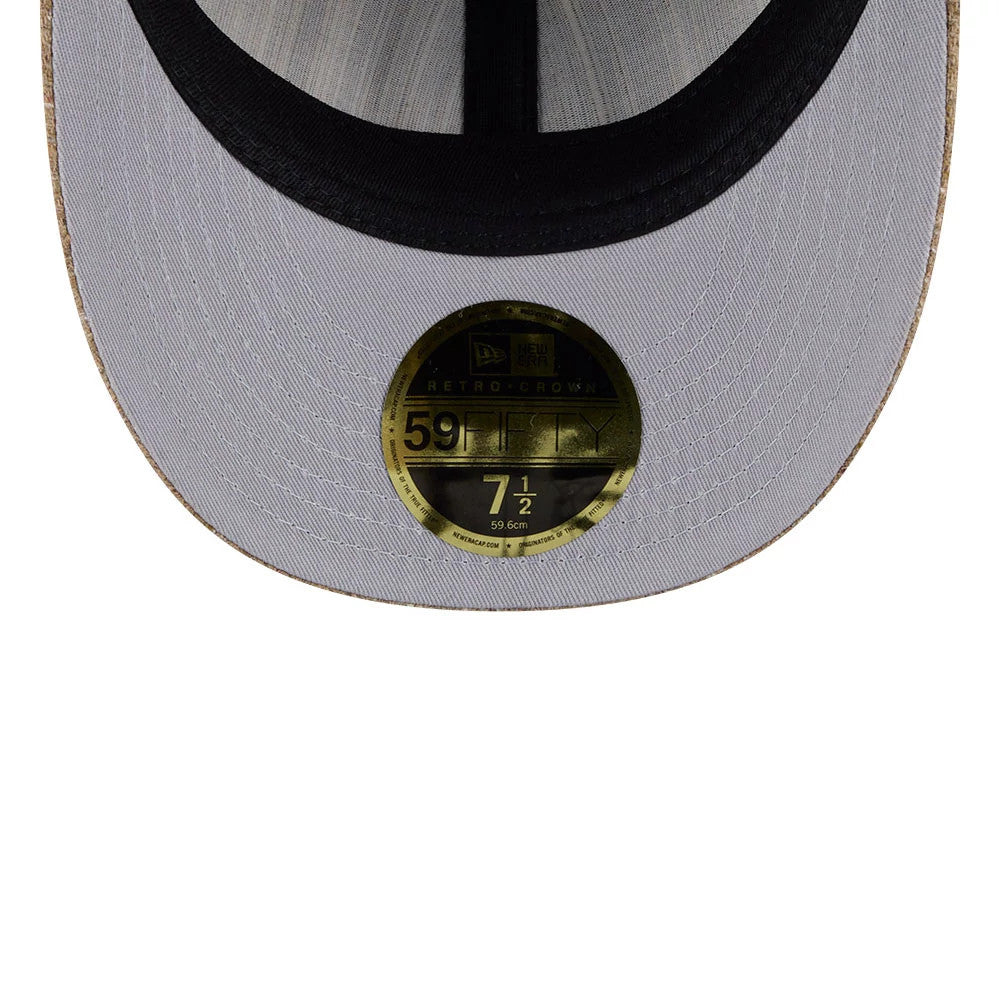 LA Dodgers MLB Vintage Tweed Open Blue Retro Crown New Era 59FIFTY Fitted Cap, inside view showing a grey undervisor and black sweatband, with a gold 59FIFTY size sticker at the centre.