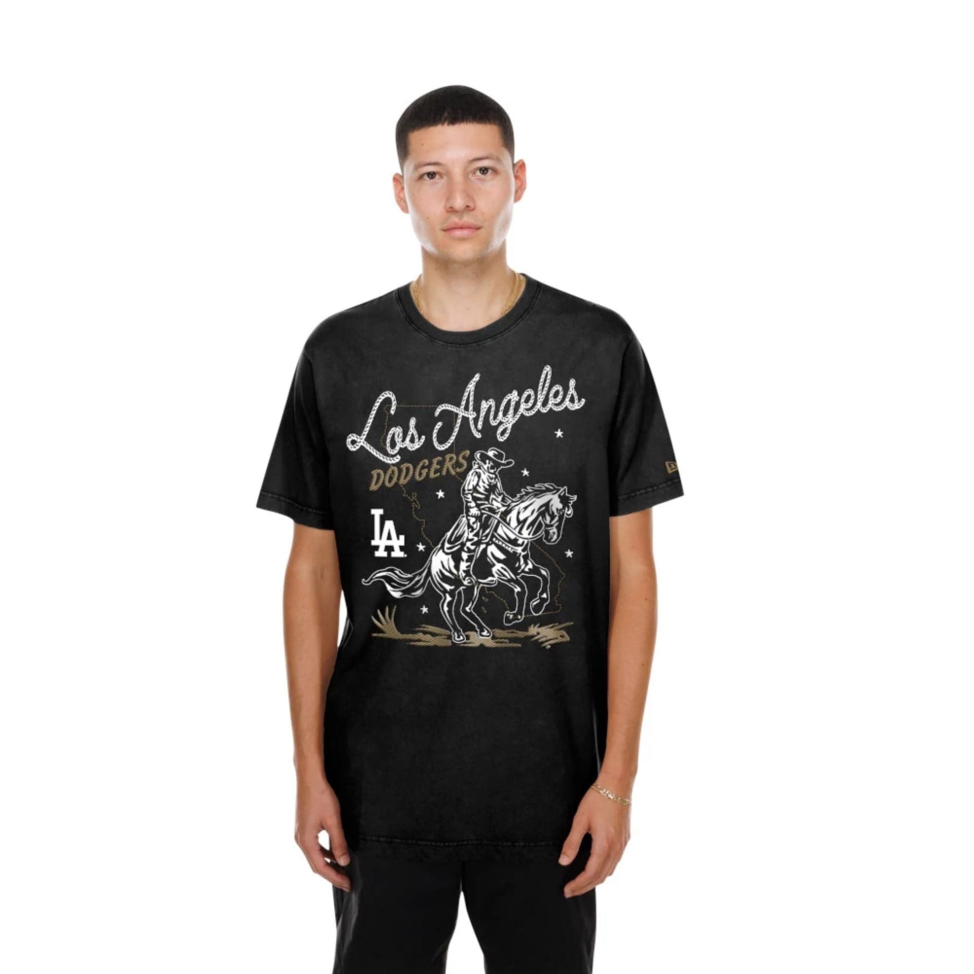 The model is wearing this MLB Cowboy Graphic LA Dodgers T-Shirt in black. 1