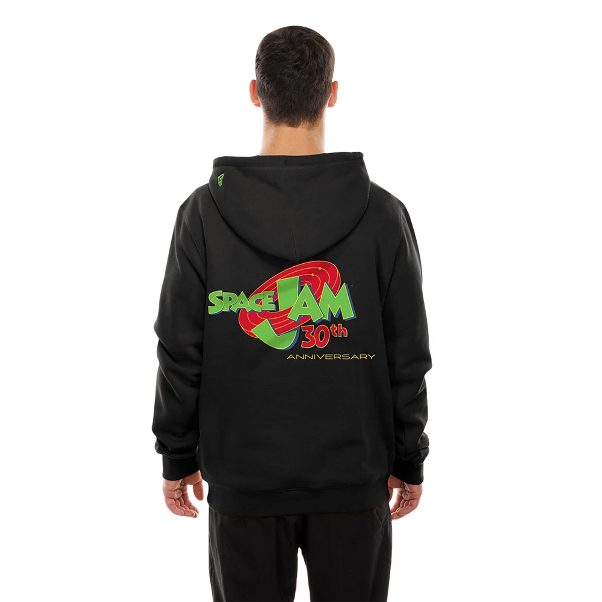 The model is wearing this Warner Brothers Space Jam Pullover Hoodie in black. 2