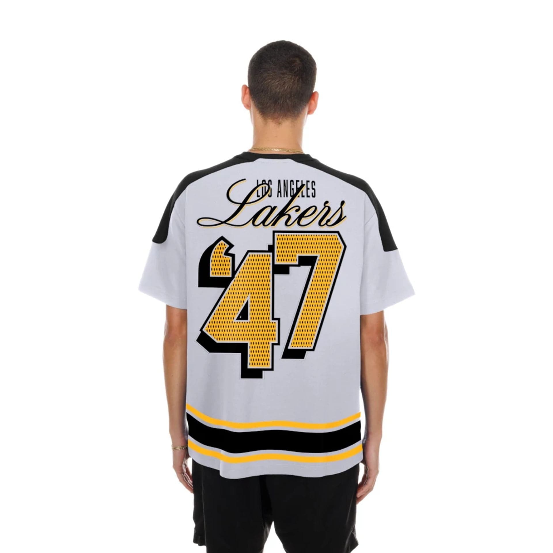 The model is wearing this NBA Sport Classic LA Lakers T-Shirt in white. 2