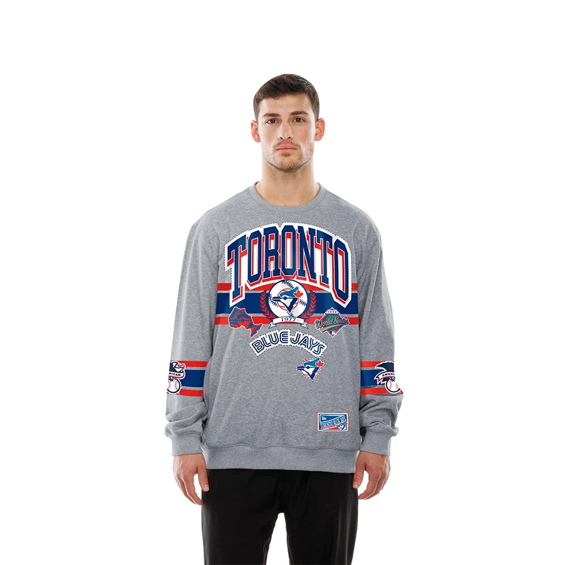 The model is wearing this MLB Sport Classic Toronto Blue Jays Crew Neck Sweater in grey. 1